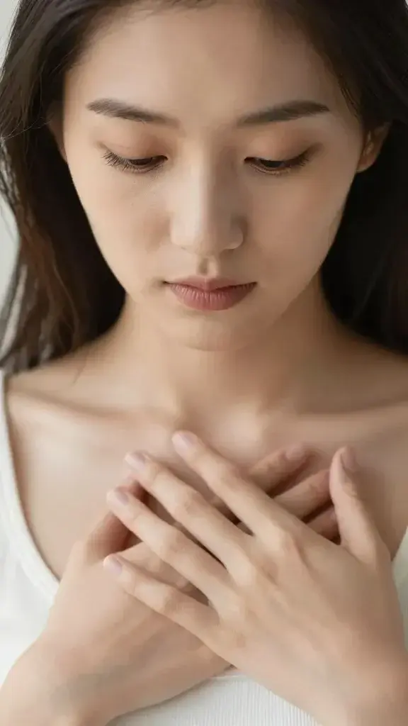 Close-up of a calm woman gazing downward, hands softly touching her heart