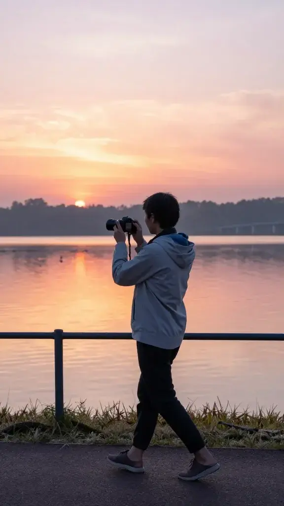 A realistic high-resolution photograph of a person taking a sunrise photography walk along a quiet lakeshore path. The main subject is a person holding a lightweight camera or smartphone, dressed in light layers suitable for early morning, walking barefoot or in simple sneakers. The sky glows with warm sunrise colors—soft pinks, oranges, and golds reflecting on the calm water. Subtle silhouettes of trees or a distant bridge line the horizon. The scene captures a moment of calm focus: the person uses a tiny tripod or steadies the camera on a railing or gate, experimenting with the rule of thirds as they frame a shot of birds in the distance and a slow shutter effect on rippling water. The mood is uplifting and peaceful, conveying mood-boosting mood, improved focus, and the idea of building a morning habit. No text or logos visible. Realistic lighting, natural shadows, and fine details in textures of clothing, camera gear, grasses, and dew on the grass.