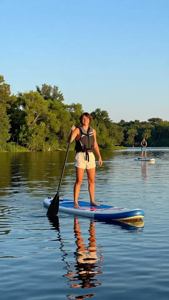 A realistic, high-quality photo of a person stand-up paddleboarding on a tranquil lake at golden hour, wearing a USCG-approved life jacket, holding a paddle with a relaxed smile, with calm water reflecting the warm sunlight and surrounding green trees. The scene conveys a beginner-friendly vibe: the paddler wearing casual summer attire, a small inflatable or rental SUP board, and a tranquil, spacious lake setting with another paddleboarder in the distance to imply social, friendly activity. The composition highlights balance and core engagement, capturing subtle ripples, clear blue sky, and soft, natural shadows. No text or logos on the image.