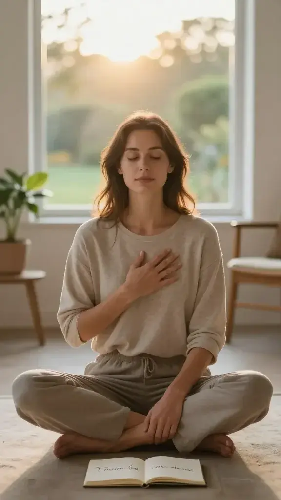 A realistic, high-quality photo of a serene young woman with a calm, confident expression sitting cross-legged in a sunlit, minimalist room. She rests her left hand on her heart and her right hand on her knee, embodying trust and inner guidance. Behind her, a soft-focus window reveals a tranquil garden at dawn, with warm golden light filtering through. The surroundings convey stillness and contemplation: a small potted plant, a simple wooden chair, and a notebook open to a single visible line that reads “Pause before decisions” without showing the text to the viewer. The atmosphere is peaceful and empowering, with a subtle glow around her head suggesting intuition. She wears comfortable, neutral-toned clothing, and the overall composition emphasizes inner compass and letting go of expectations, as if she is awaiting her next right move in the quiet.