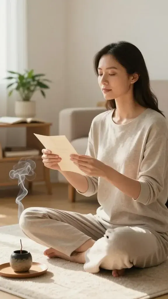 A realistic, high-quality photo of a serene woman seated cross-legged on a soft rug in a sunlit, minimalistic living space. She gently holds a small, neatly folded piece of parchment with a single word faintly visible (the act of releasing), while a nearby tray features a burning-safe vessel with gentle wisps of smoke and a thin, curling ribbon of ash, symbolizing letting go. The room shows a small, clean reading corner with a plant, a journal, and a warmly lit ambiance. Soft, natural light highlights a calm, focused expression on her face as she inhales and exhales slowly, embodying release and fresh energy. No text on the image.