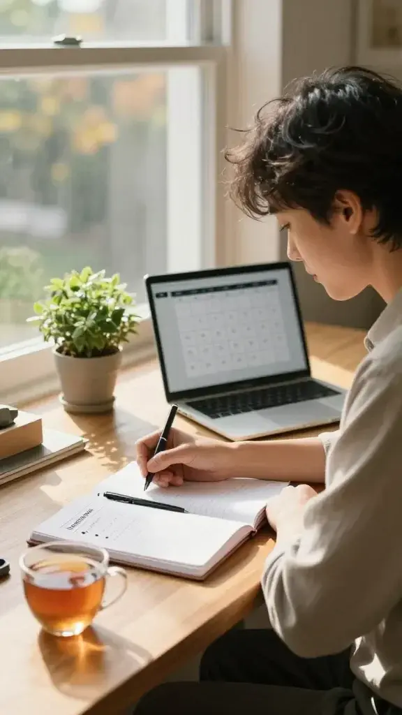 A realistic, high-quality photo of a thoughtful person sitting at a sunlit wooden desk by a large window, surrounded by seasonal items like a small potted plant, a notebook, a pen, and a laptop showing a calendar with August dates. The person is mid-30s, casually dressed, with a focused yet calm expression, jotting notes in an open notebook while a second page shows a simple bullet list titled “Intentions” and “Tweak.” Soft, warm afternoon light pours in, casting gentle shadows and highlighting a cup of tea and a faintly blurred outdoor scene suggesting late summer transitioning to fall. The image captures a moment of reflection and purposeful planning, with a clear sense of forward motion without any text or logos on the scene.