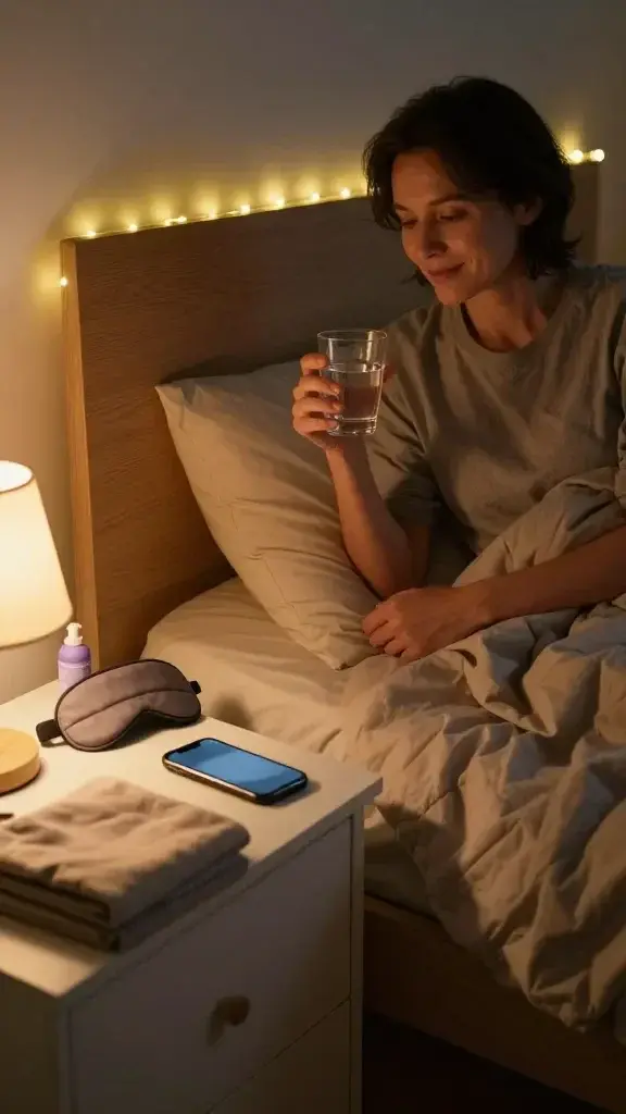 A realistic, high-quality photo of a peaceful nighttime scene featuring a calm adult person sitting on the edge of a neatly made bed in a softly lit bedroom. The room has warm, dim lighting from a bedside lamp and a small string of warm LED lights along the headboard. The person is holding a small glass of water and smiling gently, with a smartphone on the nightstand showing a muted blue-light screen. On the dresser, a cozy eye mask, a lavender pillow spray, and a neatly folded soft blanket are arranged. The overall mood is serene and restful, illustrating a tiny nighttime tweak that promotes better sleep—a simple, precise routine moment captured with natural textures, soft shadows, and cinematic realism, no text included.