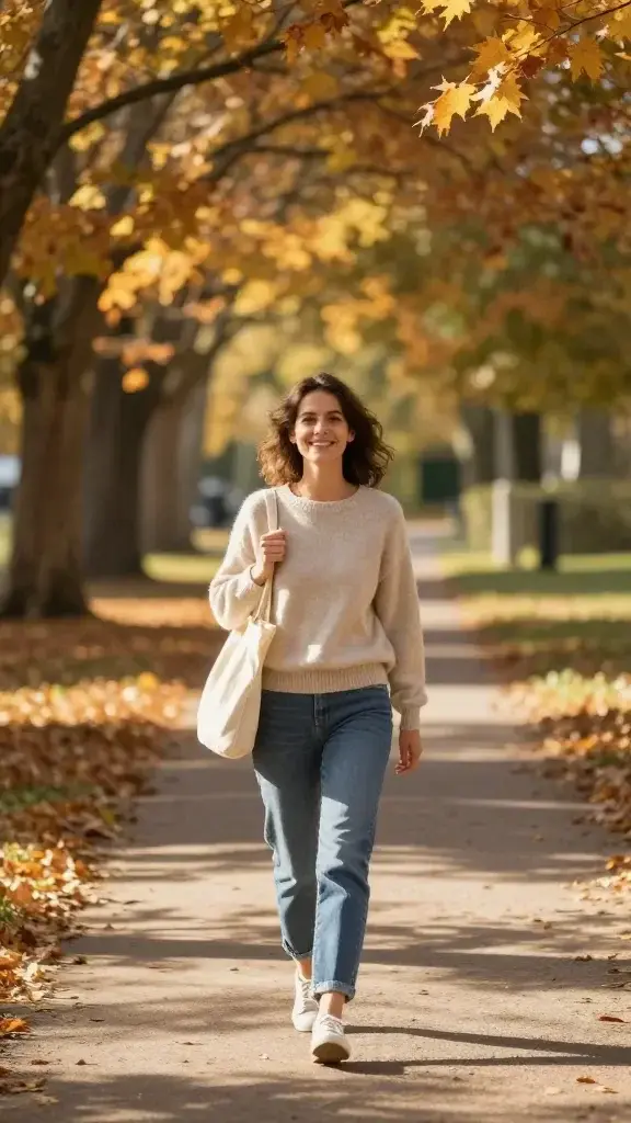 A realistic, high-quality photo of a smiling woman in her early 30s walking along a sun-dappled autumn path lined with trees whose leaves are turning warm gold and amber. She wears a light sweater and comfortable jeans, carrying a small reusable tote. In the background, soft sunlight filters through the trees, casting long gentle shadows and a calm, reflective mood. The scene conveys a simple, repeatable fall habit—a weekly walk that preserves the glow of summer—with natural, candid realism and warm, inviting tones, no text on the image.