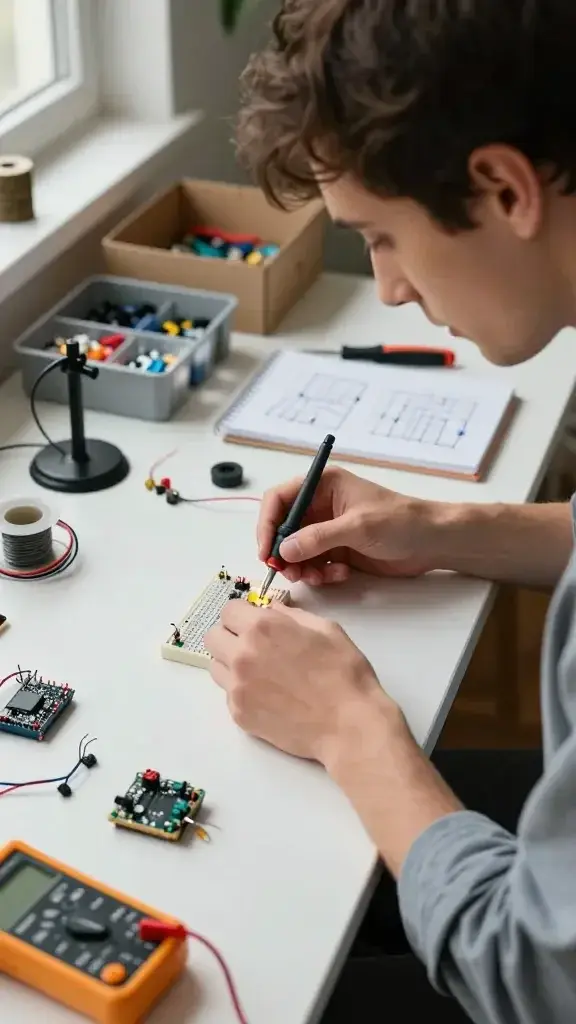 A high-quality, realistic photography shot of a curious adult in a cozy, well-lit workshop desk space, focused intently on assembling tiny electronics. The main subject is a person with a calm, focused expression, sleeves rolled up, working with a small breadboard, an LED circuit glowing softly, and a microcontroller nearby. The desk is surrounded by practical tools: soldering iron on a stand, spooled solder, thin jumper wires, a multimeter, small screwdrivers, and a few beginner-friendly kit components like LEDs, resistors, and a tiny chassis. Subtle ambient light from a nearby window creates natural shadows and highlights the hands and components. The background includes organized bins of components, a partly opened project box, and a notebook with sketches of circuits, all contributing to a tangible, hands-on, “how does that work?” vibe. The subject exudes curiosity and satisfaction from a small click of success, with a clean, uncluttered aesthetic that emphasizes realistic, approachable, beginner-friendly electronics work. No text or logos visible in the scene.