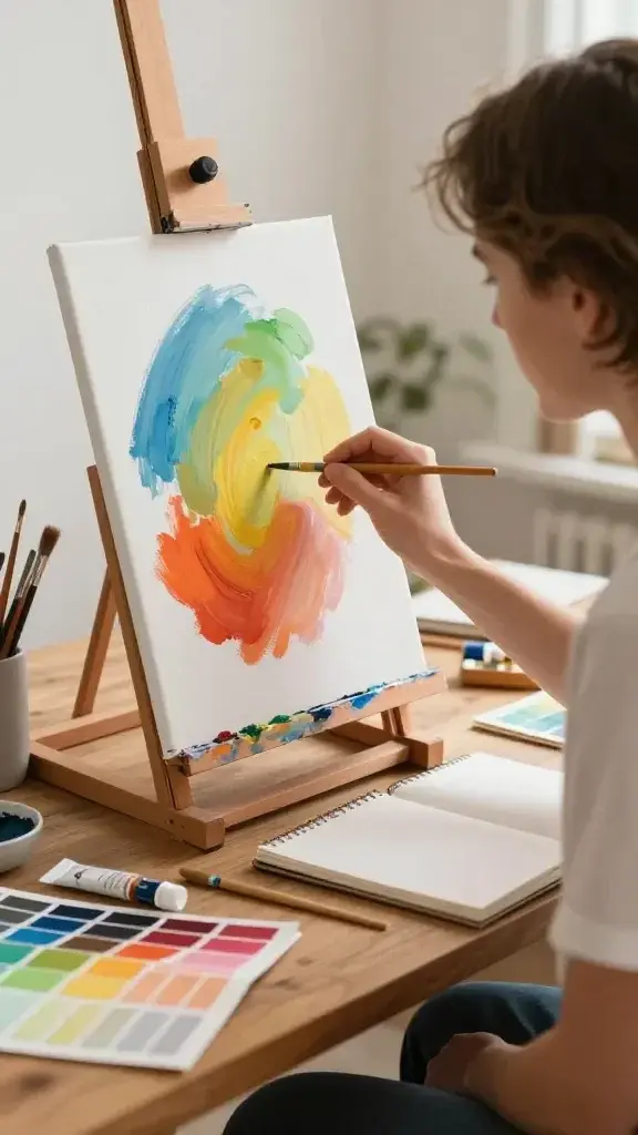 A realistic, high-quality photo of a sunlit artist’s workspace featuring a focused adult painter at an easel, applying vibrant, harmonious color tones from a limited palette to a small, finished canvas. The scene includes a wooden table with swatches of color, tubes of paint, brushes of varied textures, and a sketchbook open nearby. Soft natural light highlights the textures of oil or acrylic paint on the canvas, with subtle shadows adding depth. The mood is calm and fulfilled, suggesting a sense of accomplishment from completing a small piece that could be hung or gifted. The main subject reflects concentration and quiet joy, embodying the idea of taking color theory to the canvas. No text.