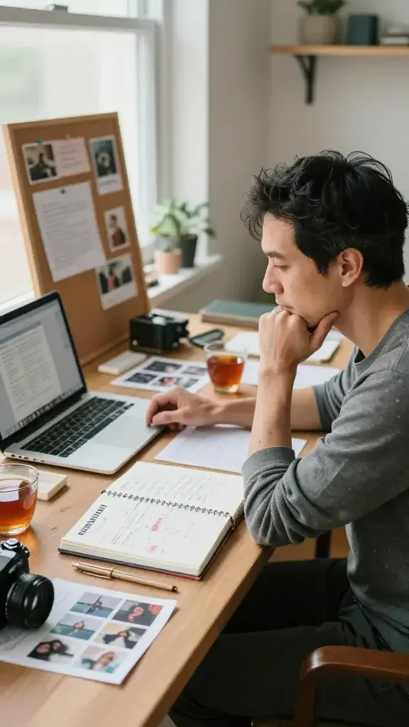 Create a high-resolution, realistic photo of a thoughtful adult in a bright, cozy creative space, mid-30s to mid-40s, seated at a wooden desk cluttered with items for a personal project: a calendar open to a quarterly milestone page, a corkboard with pinned progress notes and tiny photos, a notebook filled with a timeline and scribbled goals, a camera and a few printed photos for a weekly photo-a-week or zine project. The scene shows a palpable sense of purpose and anticipation: a small laptop screen displaying a project outline, a cup of tea, and natural light streaming in from a window with a view of a tidy, homey studio. The main subject exudes focus and quiet enthusiasm, as if planning the first starter session and selecting the first milestone. The overall composition conveys discipline, long-term commitment, and the joy of turning a long-term plan into a tangible result, with warm, inviting colors and a shallow depth of field to subtly blur the background while keeping the subject crisp. No text or logos visible in the image.