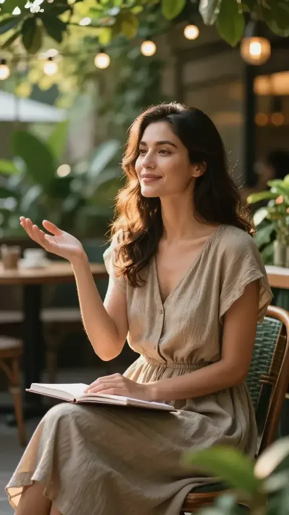 A realistic, high-quality photo of a peaceful, radiant woman sitting in a sunlit cafe garden during golden hour, exuding calm confidence. She has a gentle smile and relaxed posture, with one hand lightly resting on a notebook and the other raised in a soft, open-palm gesture as if setting a boundary with kindness. Surroundings are lush with greenery and soft bokeh lights from strings of fairy lights, reflecting a warm, inviting atmosphere. She wears a flowy, breathable summer dress in muted earth tones, and a minimal, natural makeup look. The scene conveys balance, energy hydration, and mindful boundaries—no text or logos visible.