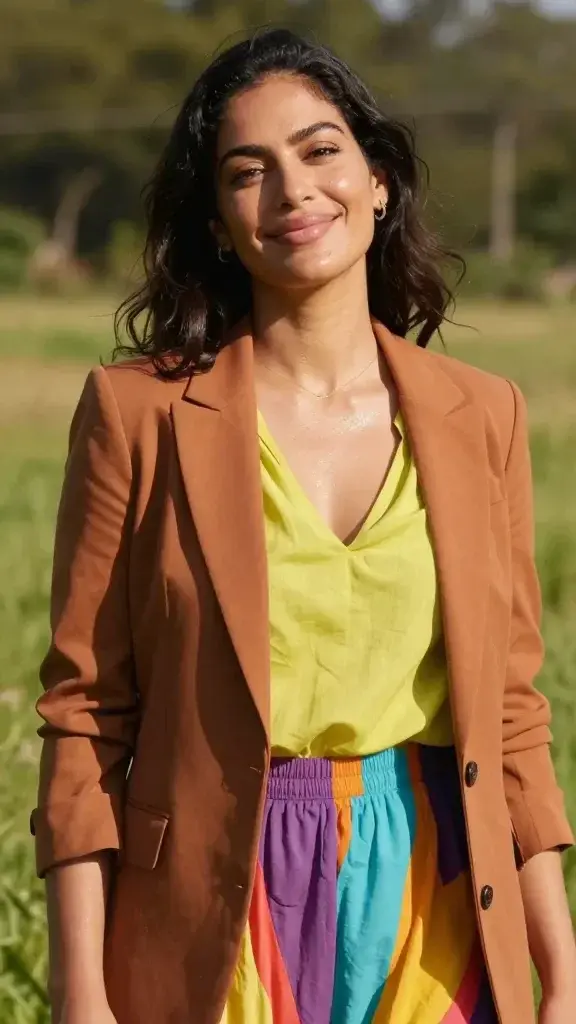 A high-resolution, realistic photo of a radiant woman outdoors in warm, natural light, standing in a sunlit meadow with soft bokeh in the background. She exudes confidence and inner glow, smiling gently with natural makeup that enhances her features. She wears a stylish, empowering outfit—perhaps a well-fitted blazer over a bright, flowing blouse or a chic, color-pop dress—that makes her feel powerful and comfortable. Her posture is open and relaxed, shoulders back, head tilted slightly with a friendly, assured expression. The scene conveys inner alignment and joy: subtle reflections of sunlight on her skin, a light sparkle in her eyes, and a serene, content aura. The composition should feel candid and authentic, with warm tones, natural textures, and a sense of summer serenity. No text on the image.