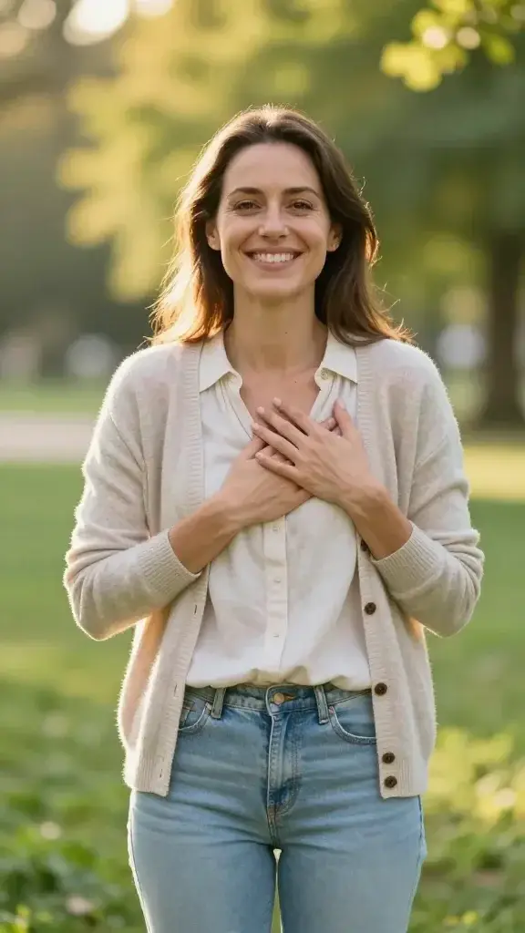 A realistic, high-quality photo of a smiling woman in her 30s standing in a sunlit park during golden hour, surrounded by lush greenery and soft bokeh lights. She gazes directly at the camera with a warm, open expression, one hand placed gently over her heart as if comforting herself, the other relaxed at her side. She wears casual, cozy attire—a soft, pastel cardigan over a simple blouse and light jeans. The scene exudes self-compassion and inner warmth, with sunlight casting a gentle glow on her face to evoke a sense of immediate liberation and resilience after a stumble. No text, natural background, shallow depth of field to keep the subject in sharp focus.