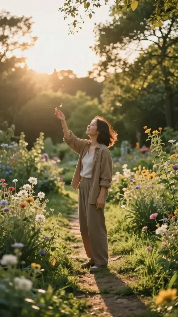 A high-resolution, photorealistic image of a single person standing in a sunlit, peaceful outdoor scene that conveys a sense of wonder and open heartedness. The main subject is a joyful adult individual with a gentle smile, standing near a blooming garden path that winds into a softly lit forest clearing. The person is dressed in casual, comfortable clothing in warm tones, with one hand slightly raised as if catching sunlight or a fluttering butterfly. Surrounding elements include delicate wildflowers, dappled sunlight through leaves, and a subtle sense of motion in the breeze—suggesting curiosity and new experiences. The sky is clear with a golden-hour glow, casting long, soft shadows that evoke a moment of reflection and daily wonder. The composition centers the person slightly off-center to create depth, with textures of grass, petals, and bark rendered in exquisite detail to emphasize realism. No text or logos on the image.