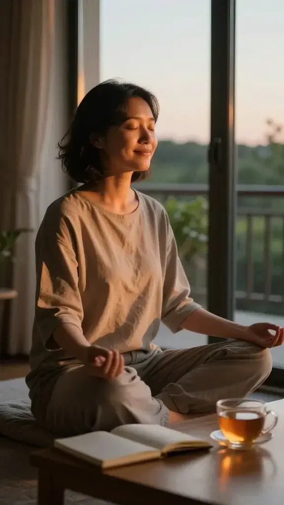 A realistic, high-quality photo of a serene person sitting near a softly lit window at dusk, with a warm golden glow casting gentle shadows. The individual is peacefully smiling with closed eyes, hands resting on knees in a relaxed, meditative pose, embodying gratitude. A small, delicate journal and a softly glowing cup of tea sit on a nearby wooden table, reflecting a sense of calm and closure as the day ends. The background features a glimpse of a balcony or garden with subtle June greenery and a calm horizon, conveying an open-hearted welcome to summer. No text or logos in the image.