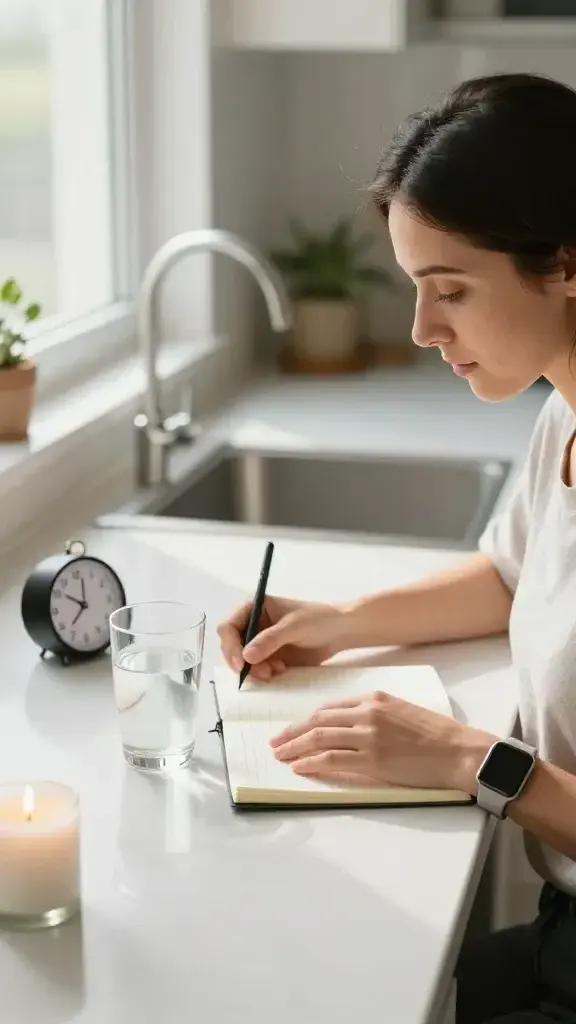 A realistic, high-quality photo of a bright, sunlit morning kitchen scene showing a calm and focused woman in her 20s to 30s preparing her morning ritual. She sits at a clean countertop with a glass of water, a small notebook open to five lines, a timer set for five minutes, and a single candle or tiny plant for grounding. The scene captures a sense of ease and intention: soft morning light streaming through a window, a clean glass of water, a smartwatch or simple cue card with a gentle reminder, and a subtle background of a tidy space that hints at a bigger daily plan. The mood conveys a small, consistent start that feels like a launchpad for the day, with natural textures and minimal clutter to emphasize simplicity and clarity. No text or overlays in the image.
