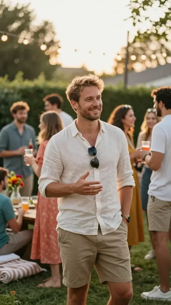 Create a high-resolution, atmospheric photograph of a single main subject centered in a sunlit outdoor summer setting, embodying a vibrant, authentic social energy. The subject is a warm, approachable adult (28–40) with a confident, relaxed posture, dressed in chic, casual summer attire that reflects their chosen persona—kind, bold, or relaxed (e.g., breathable linen shirt, stylish sunglasses tucked into the neckline, light summer dress, or a crisp polo with relaxed-fit shorts). The backdrop is a lively garden or park scene during golden hour with soft bokeh lights from string lights overhead and a gentle crowd of friends in the midground engaging in light conversation and laughter, subtly suggesting a gathering without crowding the frame. Key details: - The main subject stands slightly off-center, facing toward a small group of friends, engaging with an open, friendly smile that conveys warmth and confidence. - Their body language is welcoming: one hand gesturing mid-conversation, the other casually at their hip or holding a refreshing beverage. - Surrounding the subject are hints of social energy: a low sunlit table with a pitcher and glasses, a picnic blanket rolled at the edge, a few blurred silhouettes of people chatting in the background, and a colorful bouquet or summer decor to suggest a gathering. - Lighting: natural golden hour glow, with soft shadows and gentle rim light highlighting the subject to convey vitality and approachability. - Color palette: warm neutrals with pops of summer color (teal, coral, mustard) in clothing accents or decor, balanced to feel cohesive and aspirational. - Scene mood: authenticity, effortless connection, and enjoyment of meaningful conversation and plans. - No text or logos visible on the image. This image should feel like a realistic, high-quality photo that communicates the prompt’s theme: showing up as your best, authentic self in summer social settings and attracting the right energy from others.