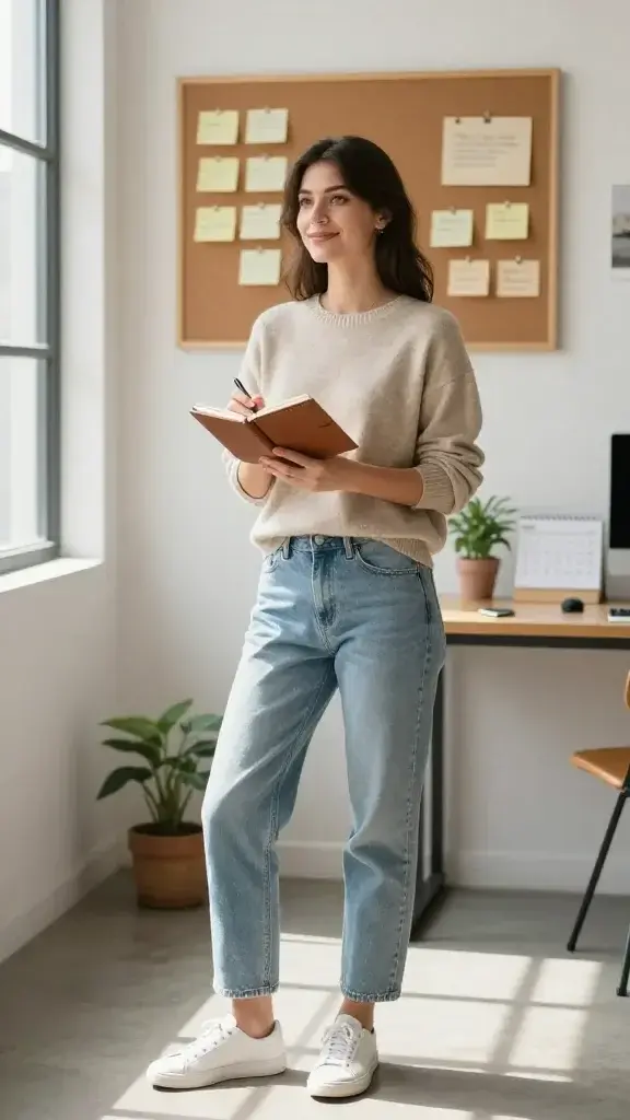 Create a high-quality, realistic photograph of a confident young woman in her late 20s to early 30s standing in a softly lit, minimalist urban studio. She is casually stylish, wearing a comfortable, neutral-toned outfit (think muted beige sweater, light denim jeans, clean white sneakers). She holds a small, leather-bound notebook in one hand and a pen in the other, with a subtle smile that conveys calm persistence. Behind her, a wall-mounted corkboard displays a few neatly arranged, tiny victory notes (no legible text) and a single inspirational quote card faded into the background to suggest personal progress. The scene conveys slow, steady progression: a slightly imperfect, natural pose with relaxed shoulders, a gentle forward lean, and an air of intentional focus for That Girl Quotes Aesthetic