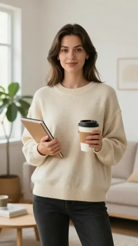 A realistic, high-quality photo of a confident young woman standing in a softly lit, minimalist living room. She is outdoorsy yet chic, with natural makeup and shoulder-length hair, wearing a cozy oversized cream sweater and dark jeans. She holds a small, stylish notebook in one hand and a reusable coffee cup in the other, with a calm, self-assured smile. The background features a tidy space with a potted plant, a window letting in warm daylight, and soft neutral tones to evoke a sense of boundaries and self-care. The scene conveys a quiet, calm assertion of choosing oneself first, without distraction, as if she’s calmly saying no to external demands while prioritizing her time and energy. No text or logos visible.