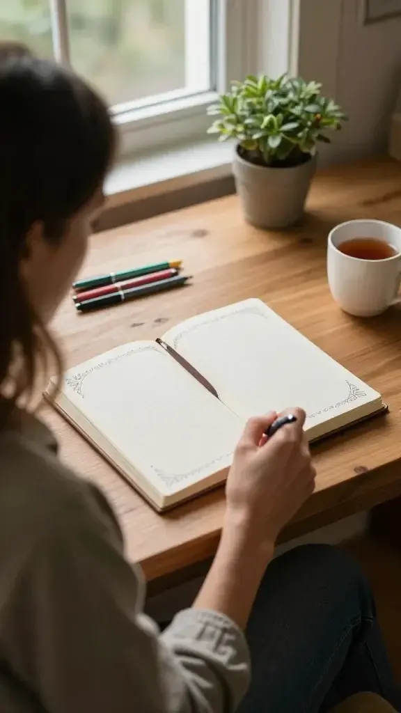 A realistic, high-quality photo of a calm, cozy journaling scene featuring a woman seated at a wooden desk by a sunlit window. She is mid-30s, wearing casual, comfortable clothing, focused on a notebook open in front of her. The notebook pages show subtle, decorative borders and a few light prompts or gratitude lines, suggesting formats she’s exploring. Beside the notebook, a few colored pens, a small potted plant, and a mug of tea add warmth. The desk is organized yet personal, with soft natural light highlighting the texture of the paper and wood. The overall mood conveys steady, intentional writing as a daily, grounding habit. No text or labels present in the image.
