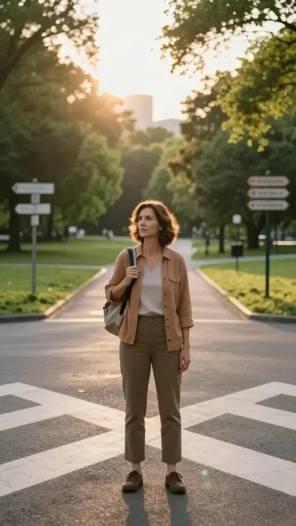 Create a high-quality, hyper-realistic photograph of a confident, middle-aged woman standing at a crossroads in a lush, sunlit park during golden hour. She exudes calm curiosity and courage as she looks toward a winding path that splits into multiple directions, with gentle indicators like subtle road signs and a distant city skyline peeking through trees. She wears smart-casual attire in warm, earthy tones, and carries a lightweight backpack symbolizing readiness for new beginnings. The scene conveys a sense of ease and openness to change, with soft lens flares, natural textures, and a shallow depth of field that keeps the woman in sharp focus while the background blurs slightly to emphasize transition and growth. No text in the image.