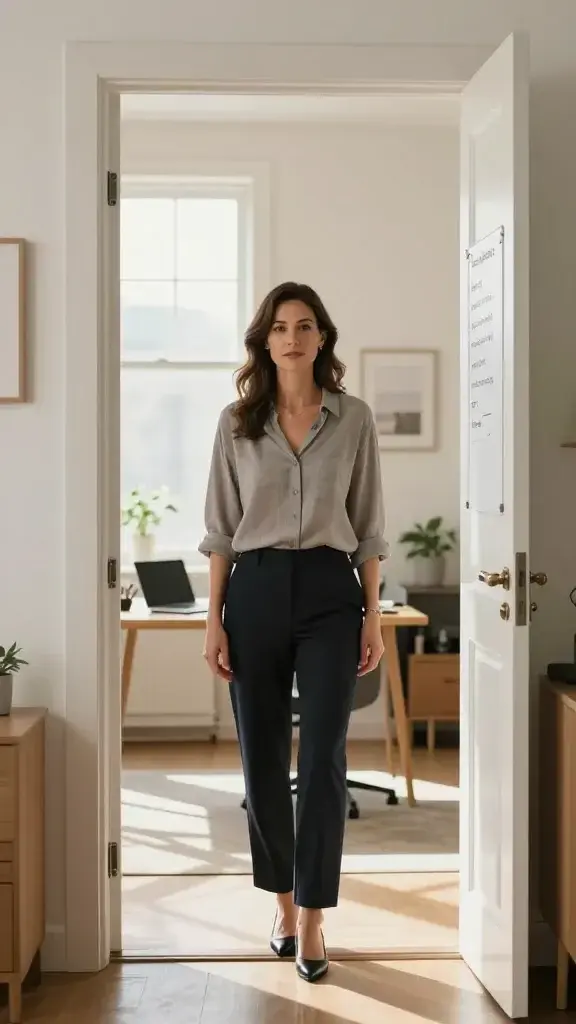 A high-resolution, realistic photo of a confident, centered adult woman standing at a doorway with a softly lit, modern home office in the background. She wears comfortable, professional attire and has a calm, assertive expression. The doorway is open, symbolizing boundaries as gateways, with a neat desk, a laptop, a small plant, and a whiteboard in view that subtly hints at priorities and protected time. Warm, natural light filters through a large window, casting gentle shadows and creating a sense of focus and energy. The scene conveys grace, clarity, and balance, with a slight soft-focus bokeh on the background to emphasize the subject as the main focal point. No text.