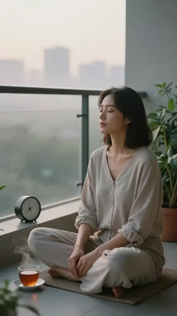 A serene, high-resolution photo of a contemplative woman sitting cross-legged on a quiet balcony at dawn, surrounded by soft natural light and a gentle morning mist. She is focusing inward with closed eyes, hands resting softly on her knees, wearing comfortable neutral-toned clothing. A small, minimalist clock on a nearby railing shows a 5-minute timer, and a steaming cup of tea sits on the railing beside her, symbolizing pause. The city skyline in the distance is blurred, emphasizing inner silence, while lush potted plants frame the scene. The overall mood is calm, reflective, and intimate, highlighting the power of silence to reveal truth.
