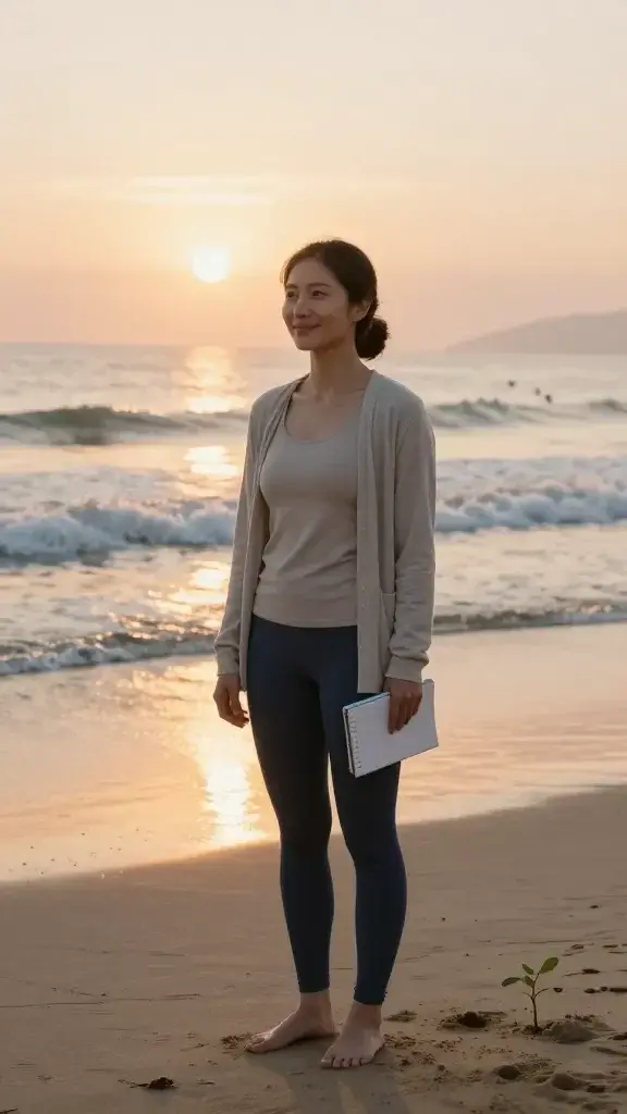 Create a realistic, high-quality photo of a person standing at dawn on a quiet beach, facing the horizon as the sun rises. The main subject is a confident individual, mid-20s to mid-30s, with a relaxed but purposeful posture—shoulders back, slight smile, eyes bright with determination. They wear lightweight, neutral-toned athletic wear (soft beige top, navy leggings or joggers) and a lightweight, open-front cardigan that suggests readiness for a new day. In their hands or by their side, they hold a small journal or notebook with the first page visible, symbolizing a fresh page and intentional momentum. The scene is warm with sun rays casting a golden glow over gentle waves and wet sand, emphasizing a clean slate. Subtle morning light highlights the subject’s face, conveying gratitude and optimism. Add delicate visual cues of growth: a single sprout or small plant at their feet just starting to emerge from the sand, and distant seabirds in soft focus to evoke forward movement. The atmosphere is serene, hopeful, and invigorating, with natural textures of sand, water, and light creating a realistic, cinematic quality. No text or logos in the image.