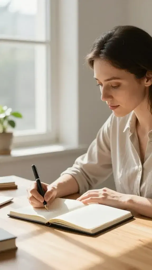 A high-resolution, realistic photograph of a serene woman seated in a sunlit, minimalist workspace by a large window. She is gently journaling on a wooden desk with a single, open notebook, a soft-ruled page, and a fountain pen resting nearby. The room has warm, diffused natural light casting gentle shadows, a small potted plant and a softly blurred background that suggests calm, uncluttered spaces. Her expression is contemplative and peaceful as she writes a single, concise sentence, capturing a soft, intentional mood. The overall atmosphere conveys tenderness toward self, clarity about core priorities, and a quiet, purposeful rhythm for May. No text, logos, or overlays in the image.