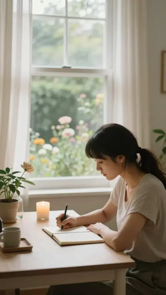 A serene, sunlit scene of a calm, softly lit workspace set near a large window with sheer curtains. In the foreground, a woman sits at a minimalist desk, her posture relaxed yet purposeful, writing in a notebook about a personal boundary. The desk holds a small potted plant, a vase with a single flower, and a softly glowing candle, all arranged to radiate warmth and gentle energy. Outside the window, a tranquil garden with blooming flowers conveys growth and care. The overall mood is intimate and reflective, emphasizing self-care, boundaries, and intentional living. The main subject should be clearly visible and centered, portraying a soft, focused expression as if drafting a compassionate boundary guideline for the month. High-resolution, natural lighting, realistic textures, and a warm color palette. No text on the image.