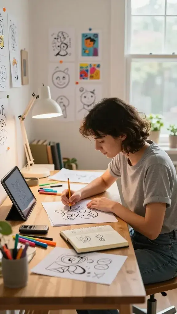 A bright, cozy creative nook in a sunlit studio, featuring a central female artist in her 30s seated at a wooden desk with a light wood finish. She is mid-action, pencil in hand, sketching a playful, abstract doodle on a blank page; nearby a small open notebook reveals a tiny micro-story sketch. A tablet and a voice recorder sit beside her, showing a quick, spontaneous idea capture. The tabletop is scattered with colorful markers, sheets of paper, and a softly glowing desk lamp. Behind her, a wall display holds quick, whimsical doodles and a few finished mini-artworks. Natural light pours in from a large window, casting gentle shadows and creating a warm, inviting atmosphere that conveys a quick, joyful creative reset in ten minutes. Realistic, high-resolution, cinematic photography style with shallow depth of field, rich textures, and vibrant colors; no text on the image.