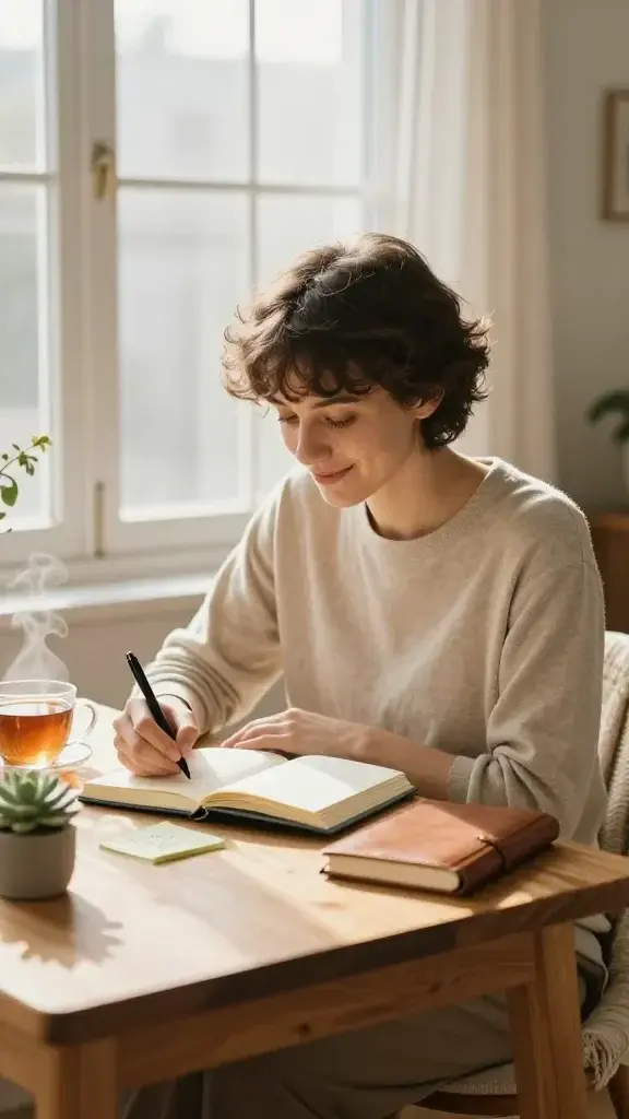 A warm, candid portrait of a calm, approachable person seated at a cozy wooden desk by a sunlit window. They are journaling with a soft gray notebook open in front of them, a cup of tea steaming gently beside it, and a small succulent plant adding a touch of life. The scene conveys self-kindness and mindfulness: the person has a gentle, reflective expression as they write in their journal, perhaps pausing to smile at a kind thought about themselves. Natural light floods the room, casting soft shadows and a creamy, inviting color palette of beiges, warm browns, and pale golds. Subtle elements like a sticky note with a kind reminder, a leather-bound journal, and a plush throw blanket draped over a chair enhance the sense of comfort and intentionality. The overall composition centers the subject’s serene presence, illustrating self-compassion, small acts of courtesy, and the idea that kindness starts from within.