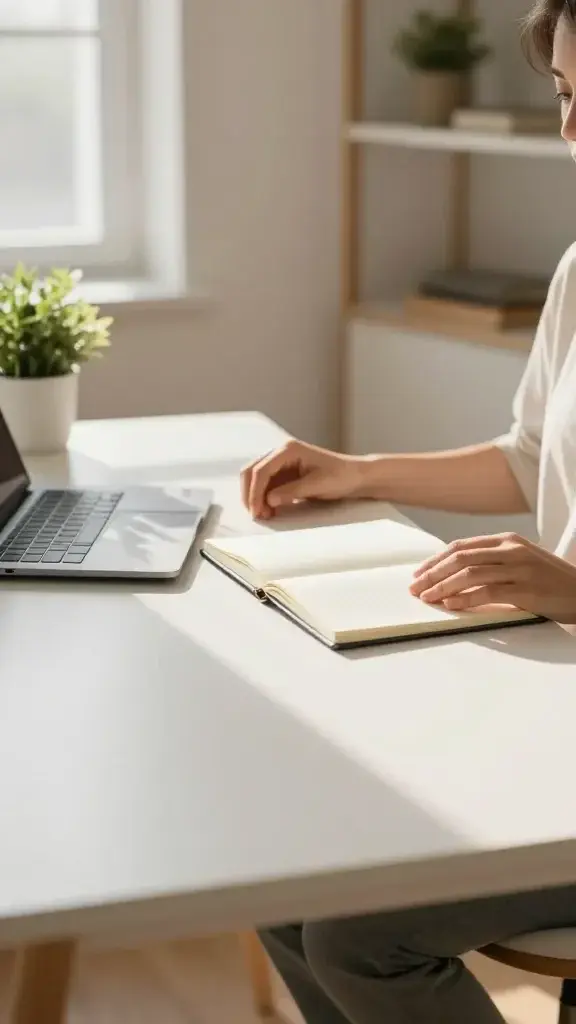 A realistic, high-quality photo of a calm, focused person at a clean, minimalist desk in a bright, sunlit home office. The desk is spotless with a single notebook open to a clean page, a sleek laptop closed, and a small potted plant for a touch of green. Soft, warm natural light streams in from a window, casting gentle shadows and creating a peaceful atmosphere. The background shows orderly shelves with a few neatly arranged items, and the person sits in a relaxed, upright posture, hands resting lightly on the desk, conveying a sense of readiness and intentionality. No text or clutter; the scene emphasizes a five-minute desk reset and a clear, uncluttered workspace as a catalyst for calm and focus. The main subject from the article title is the person at the desk, embodying a fresh start and a clean slate.