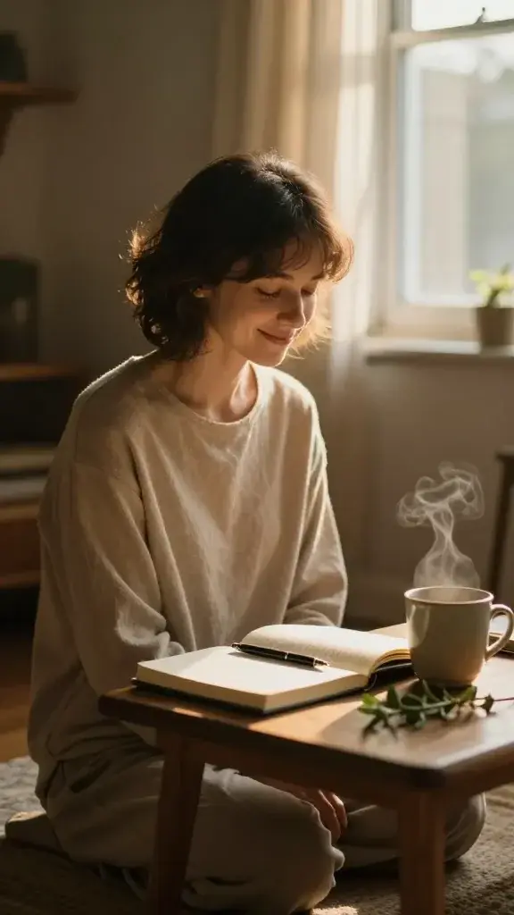 A warm, sun-dappled scene set in a quiet, sunlit room during late afternoon. Centered is a calm, kneeling figure of a person (the main subject) in soft, breathable clothing in neutral tones, eyes closed with a gentle smile, embodying a memory-making moment. They are perched beside a small wooden table with a spread of simple, inviting items: a journal open to the current page, a fountain pen resting across the lines, a ceramic mug steaming softly, and a sprig of fresh greenery. The background features a window with sheer curtains, through which golden light filters in, casting long, soft shadows and a warm glow on the person’s face. On the table, there are subtle hints of sensory detail: a faint scent of coffee, the texture of the journal pages, and the quiet hum of distant birds outside. The atmosphere is intimate, contemplative, and almost sacred, capturing a single vivid moment of intention and joy that feels like a seed for future memories. Realistic, high-resolution photographic quality, natural skin tones, rich textures, shallow depth of field keeping the subject crisp while softly blurring the background. No text on the image.