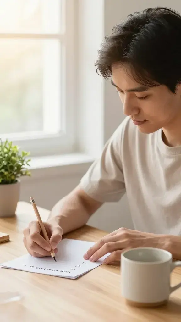 A realistic, high-quality photo of a warm, inviting scene featuring a calm, confident person as the main subject seated at a wooden desk by a sunlit window. They are writing a kind accountability note on a clean sheet of paper with a soft pencil, a small plant and a gentle ceramic mug beside them. The atmosphere conveys support and positivity: natural light, pastel tones, and a subtle glow suggesting a tiny celebration checklist being created. The person’s expression is focused yet serene, embodying thoughtful intention and gentle motivation as they craft a personal, positive commitment and a tiny progress checkpoint. No text on the image.