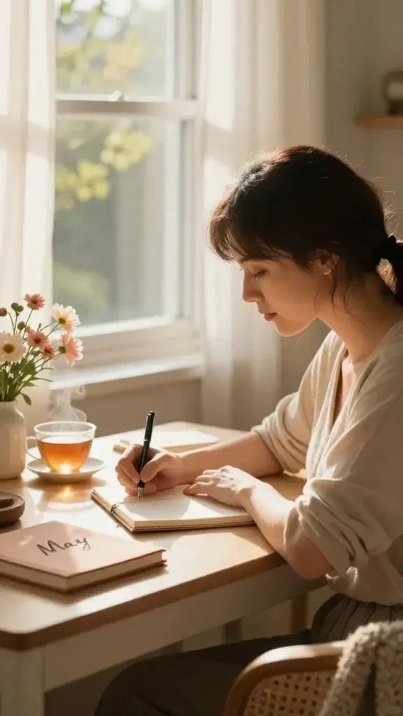 A realistic, high-quality photo of a calm, reflective scene featuring a woman sitting at a soft, sunlit desk by a large window with sheer curtains. She is writing in a warm-toned notebook with a smooth gel pen, surrounded by gentle May-related elements: a small vase of delicate pastel flowers, a cup of tea steaming softly, and a closed journal labeled “May” in elegant handwriting. The desk has a cozy, uncluttered feel with a folded blanket draped over the chair and a soft-focus background that hints at spring greenery outside. The lighting is late afternoon golden hour, casting warm, inviting shadows. The scene conveys gentle closure, learning, and forward intention, with the main subject emotionally present, serene, and softly determined, embodying warmth, curiosity, and bold kindness. No text or overlays in the image.