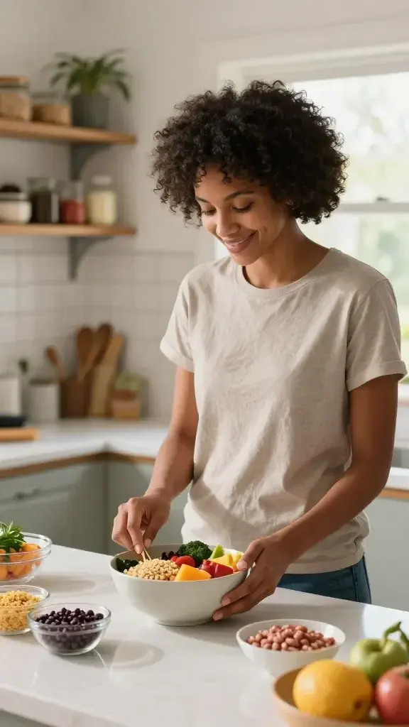 A realistic, high-quality photograph of a serene, sunlit kitchen scene featuring a diverse person standing at a clean counter with a bowl of colorful, varied foods (fruits, vegetables, grains, legumes, and a small portion of lean protein). The person is smiling softly, with a relaxed posture, preparing a balanced meal that looks enjoyable and satisfying. The background shows open shelving with neatly arranged ingredients and a window with natural light streaming in, creating a warm, inviting atmosphere. The overall mood conveys nourishment, energy, and self-care, emphasizing a positive, non-punitive relationship with food. No text or overlays in the image.