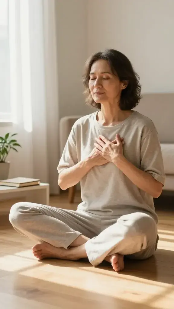 A realistic, high-quality photograph of a calm, middle-aged person sitting cross-legged on a sunlit wooden floor in a peaceful, minimalist home environment. They are barefoot, wearing soft, neutral-toned loungewear, with a gentle, aware expression as they place one hand over their heart and the other over their abdomen in a mindful self-soothe gesture. Natural light filters through a sheer white curtain, casting warm, soft shadows. A small potted plant and a neatly arranged journal sit nearby on a low, clean surface, evoking a sense of daily gentle rituals. The scene conveys self-acceptance, inner peace, and a patient, compassionate relationship with their body, with an overall atmosphere of quiet resilience and hopeful calm. No text or logos.