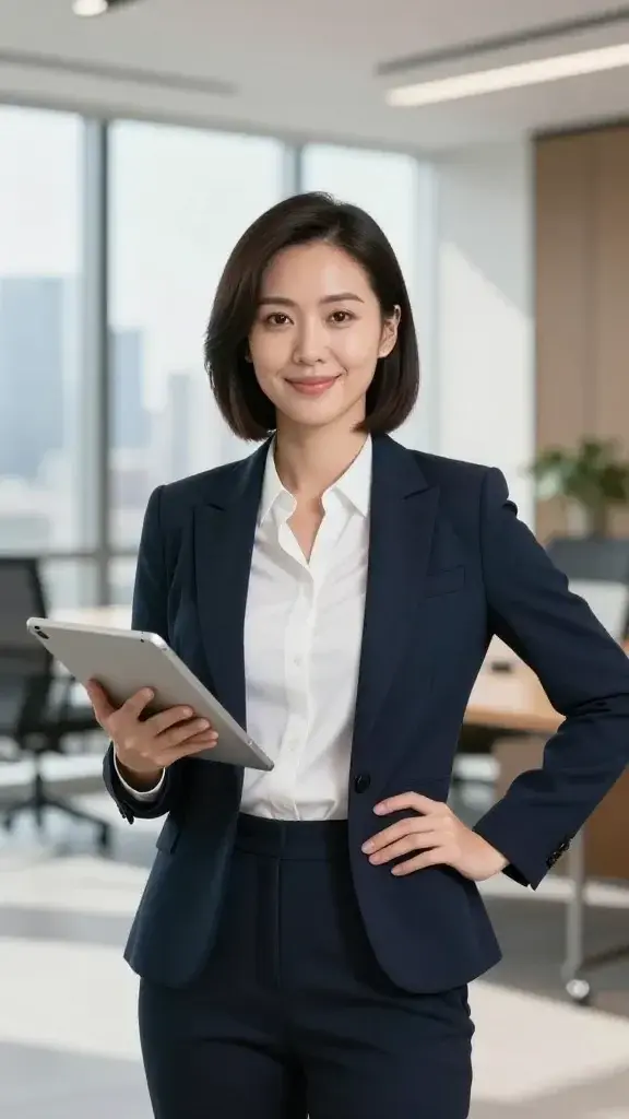 A realistic, high-quality photo of a confident, professional woman standing in a modern, well-lit office lobby with large windows and city skyline visible in the background. She is in her early to mid-30s, wearing a tailored navy blazer over a crisp white blouse, with sleek dark hair styled in a polished bob. She exudes determination and warmth, holding a smart tablet in one hand while the other hand rests confidently on her hip. The scene conveys fulfillment and ambition, with natural daylight highlighting her poised posture and a subtle, empowering expression. A blurred background suggests a busy but purposeful corporate environment, with hints of meeting rooms and open-plan desks. No text in the image.