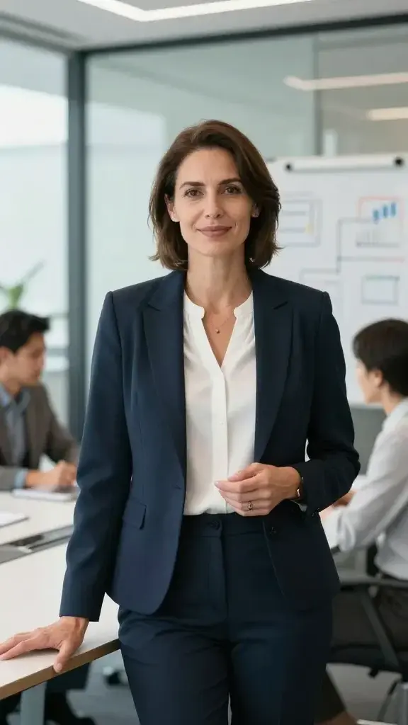 Create a realistic, high-quality photo of a confident woman in a modern corporate office setting, standing at the center with a subtle, natural smile and poised posture. She should be mid-career, dressed in business casual attire (blazer, blouse, tailored pants) that conveys leadership potential. The background features a bright, open workspace with glass walls, a whiteboard with strategic diagrams, and a diverse team collaborating in the distance. The woman is making direct eye contact with the camera, one hand lightly resting on a conference table and the other gesturing as if explaining a plan, conveying empathy, decisiveness, and readiness for leadership. Natural lighting, shallow depth of field to softly blur the background, and a clean, professional color palette (navy, charcoal, white, with soft accents). No text anywhere in the image.