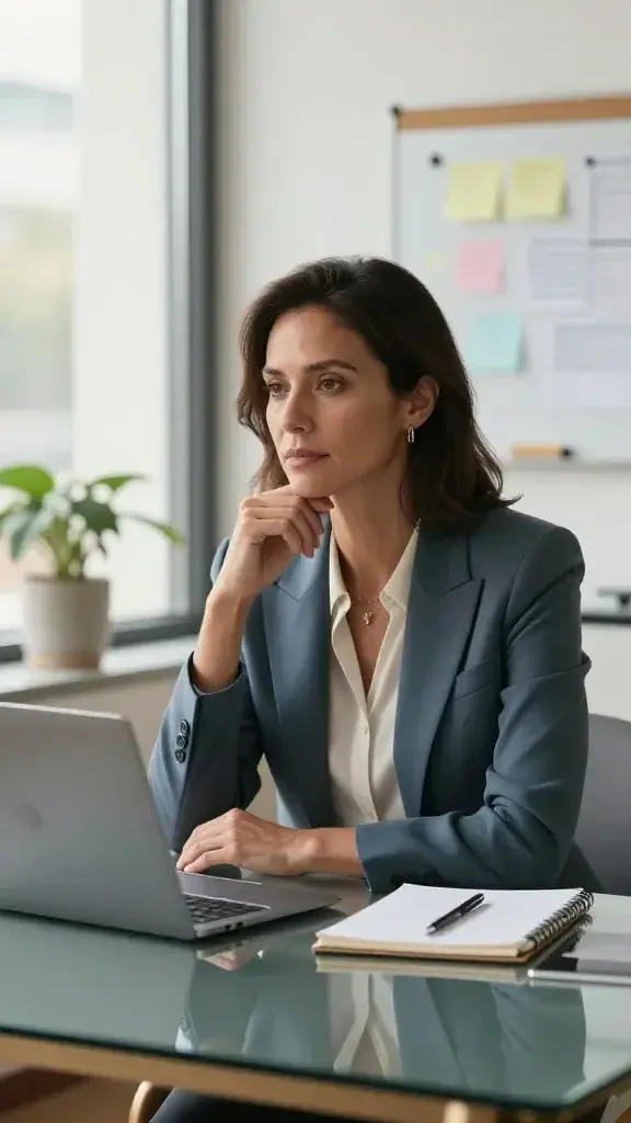 A high-resolution, realistic photo of a poised, confident woman in a modern office setting. She sits at a sleek glass desk with a laptop open, a notebook and a pen in front of her, and a soft natural light streaming through a large window behind her. She exudes calm assurance, mid-30s to early 40s, wearing smart, professional attire—tailored blazer, crisp blouse, and subtle jewelry. Her expression is focused and contemplative as she gazes slightly off-camera, embodying trust in her intuition. Surrounding elements include a small plant, a minimalist desk setup, and a whiteboard or corkboard in the blurred background with neatly arranged notes and a few bullet points, suggesting planning and reflection. The scene conveys a blend of instinct and strategy: a moment of pausing to reflect before making informed, value-aligned decisions. The color palette is warm neutrals with soft blues and greens, creating an empowering and aspirational mood. No text in the image.