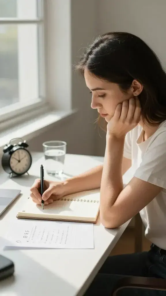 A realistic high-quality photo of a woman seated at a tidy desk by a sunlit window, focusing intently as she writes in a notebook with a calm, determined expression. On the desk, include a small clock showing a 24-hour countdown, a single actionable checklist item written out, and a glass of water. The background should be warm and uncluttered, with soft natural light casting gentle shadows to convey clarity and focus. The overall mood is productive and grounded, illustrating the moment of shifting from overthinking to concrete next steps. No text on the image.