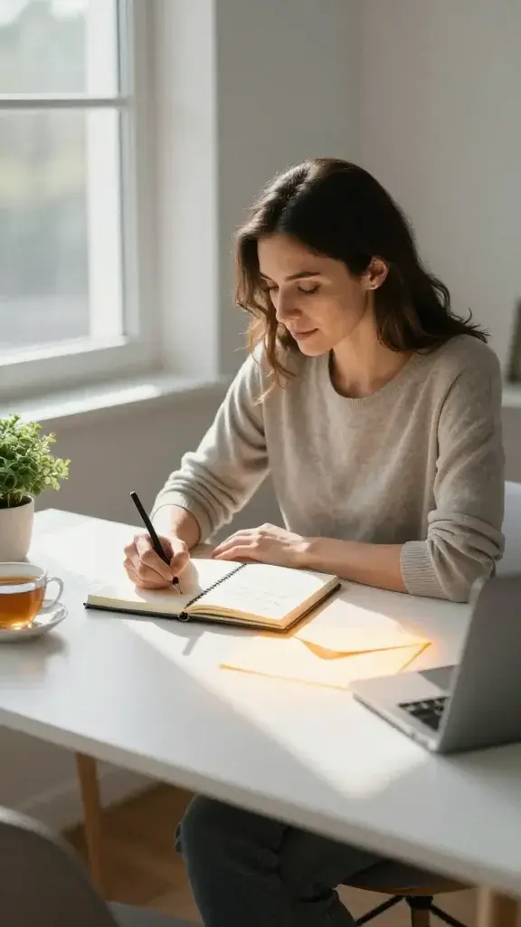 A realistic, high-quality photo of a calm, confident woman seated at a minimalist desk by a sunlit window, journaling. Her posture is relaxed yet attentive as she writes in a clean notebook with a soft pencil. The scene is balanced with two distinct but harmonious visual cues: on one side, a subtle shadow envelope around her, representing the Shadow Self, with faint, reflective notes visible on the page; on the other side, a warm, bright glow emanating from a separate page or light source, symbolizing the Bright Side and compassionate counterpoints. The desk holds a small plant, a cup of tea, and a closed laptop to suggest mindful work and present focus. The overall atmosphere is serene and introspective, with natural light casting gentle shadows to convey the theme of balancing inner critique and kindness, as she contemplates the prompt about what her kinder, bolder self would say today. No text visible in the image.