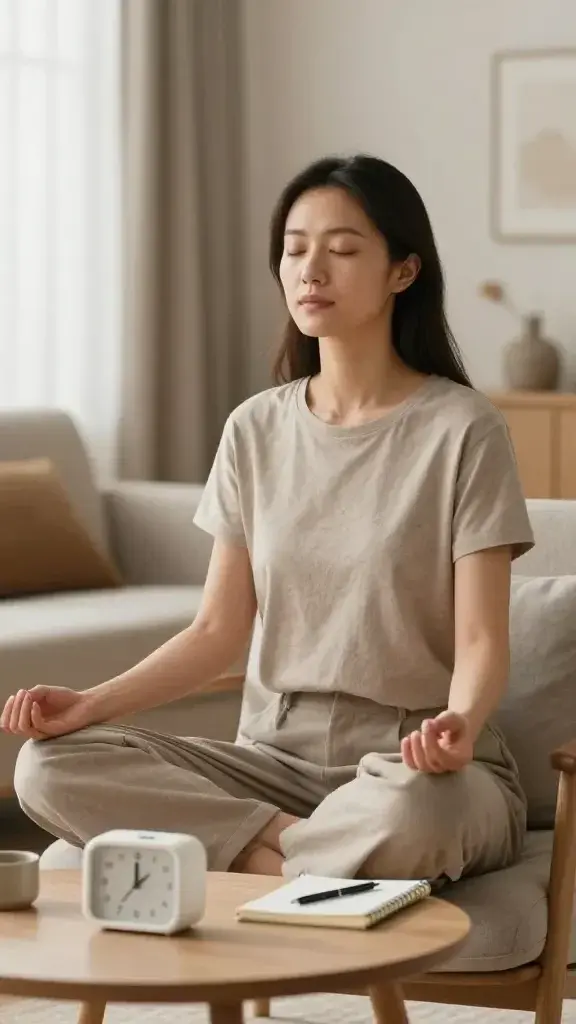 A realistic, high-quality photo of a calm, reflective woman in a softly lit modern living space, seated comfortably on a plush chair with a neutral-toned backdrop. She has a serene expression, eyes gently closed as she takes a five-minute breath, with a subtle sense of focus and release. In front of her on a small, tidy coffee table sits a minimalist timer set to five minutes, a notebook, and a pen. The scene captures a moment of quiet meditation: soft natural light from a nearby window, warm earthy colors, a few blurred, calming decor elements in the background, and a sense of stillness amid gentle everyday clutter. The image should convey clarity, control, and a practical, actionable pause in the chaos of the mind without any text or extraneous elements.