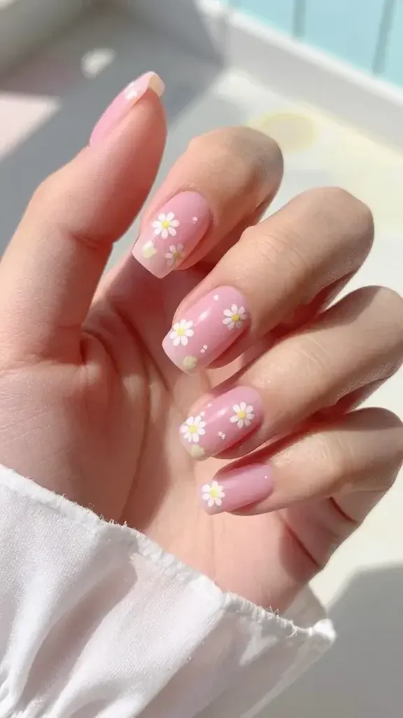 A hyper-realistic close-up photograph of a hand with Bubblegum Bloom nails. The nails feature a soft pastel pink base, short to medium length, with delicate hand-painted mini daisies and tiny blossoms in white and light yellow accents. The finish is glossy to mimic a fresh manicure. The surrounding background is softly blurred to keep focus on the nails, with hints of pastel tones and a light, summery aesthetic. The lighting is bright and natural, highlighting the shine and precise floral details, giving a cheerful, garden-party vibe without being childish. The subject should be a well-morned hand posed gracefully, showcasing the nails on a sunny-day backdrop (e.g., a sundress sleeve or beachy wave context) to convey versatility and photogenic charm. No text or overlays.