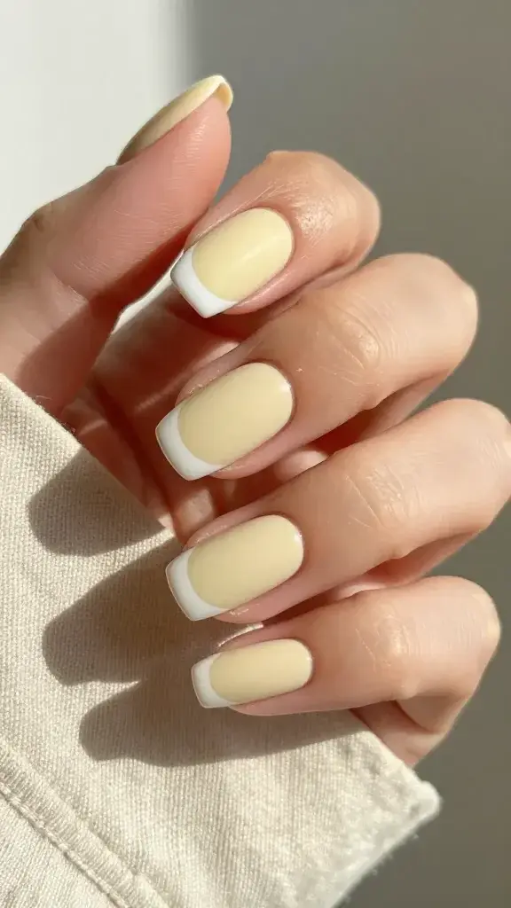 A hyper-realistic, high-resolution close-up photograph of a hand with nails showcasing a creamy vanilla French manicure. The nails have rounded tips with a soft, warm vanilla base and white or pale cream rounded tips, finished with a matte or satin top coat for a modern, understated glow. The skin is smooth and natural, with subtle summer lighting that highlights the soft, airy tones. The background is blurred to emphasize the hand and nails, with neutral, sunlit tones (beige, cream, soft linen) suggesting a chic, timeless vibe. The overall composition feels elegant and versatile, suitable for denim or linen outfits, with a focus on the nails as the main subject. No text or overlays.