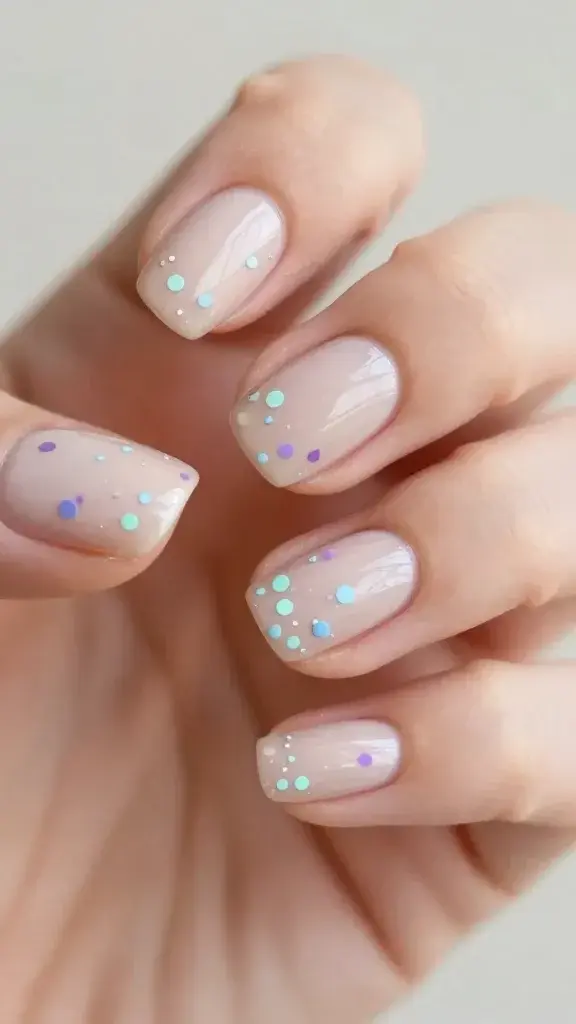 Create a hyper-realistic, high-resolution close-up photograph of a pair of hands showcasing pastel confetti nail art in a soft, celebratory style. The nails should have a pale blush or beige base with tiny micro-confetti pieces in lavender, baby blue, and mint scattered across the nails sparingly. Include a clear glossy top coat to give a glass-like finish, preserving each speckle of color. The scene should be bright and airy, with a gentle, neutral background to emphasize the nails and the playful confetti accents. The composition should center on the nails, displaying a natural, relaxed hand pose that clearly highlights the manicure, ensuring no text appears on the image.