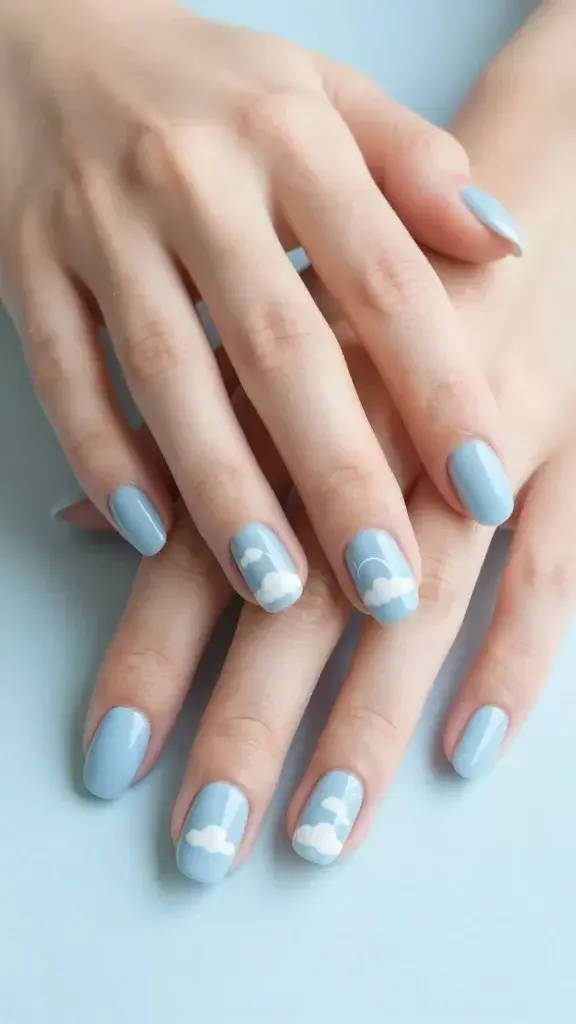 Create a photorealistic, high-resolution image of a pair of hands resting softly on a light pastel surface, showcasing "Baby Blue Dream Cloud" nails as the main subject. The nails are short-to-medium length with a serene pale baby-blue base and delicate, fluffy white cloud accents on one or two nails, outlined subtly with a fine brush to form gentle cloud curves. The lighting is soft and natural, evoking a calm, dreamy, whimsical vibe with a slightly dewy, satin-like finish on the nails. Keep the nails pristine and glossy, but ensure the top coat appears with a satin finish to enhance the dreamy, serene look. The hands should be elegantly posed to highlight the nail design, with a gentle breeze-like composition that emphasizes serenity and subtle charm, against a soft, pastel background that complements the baby blue tones. No text or overlays in the image.