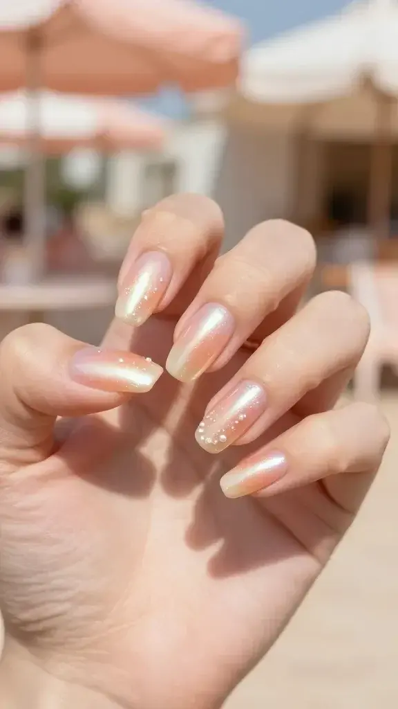 Create a hyper-realistic, high-resolution photo of a hand displaying a peachy pearlescent nail design, centered in soft pastel summer lighting. The nails are almond-shaped with a peach cream base that glows with a subtle pearlized shimmer. Each nail features tiny, near-invisible pearl beads or a delicate pearl shimmer layered to catch light without overpowering the peach, giving a luxe, polished, and effortlessly chic vibe. The finish is high-gloss and ultra-luminous, reflecting sun-dappled light as if photographed outdoors during golden hour. The background should be a softly blurred, warm-toned setting suggestive of summer markets or seaside dinners, with peachy and creamy tones that complement the nails. The main subject is a hand from the article title, positioned gracefully with fingers slightly curved to showcase the full nail design, no text or overlays in the image.