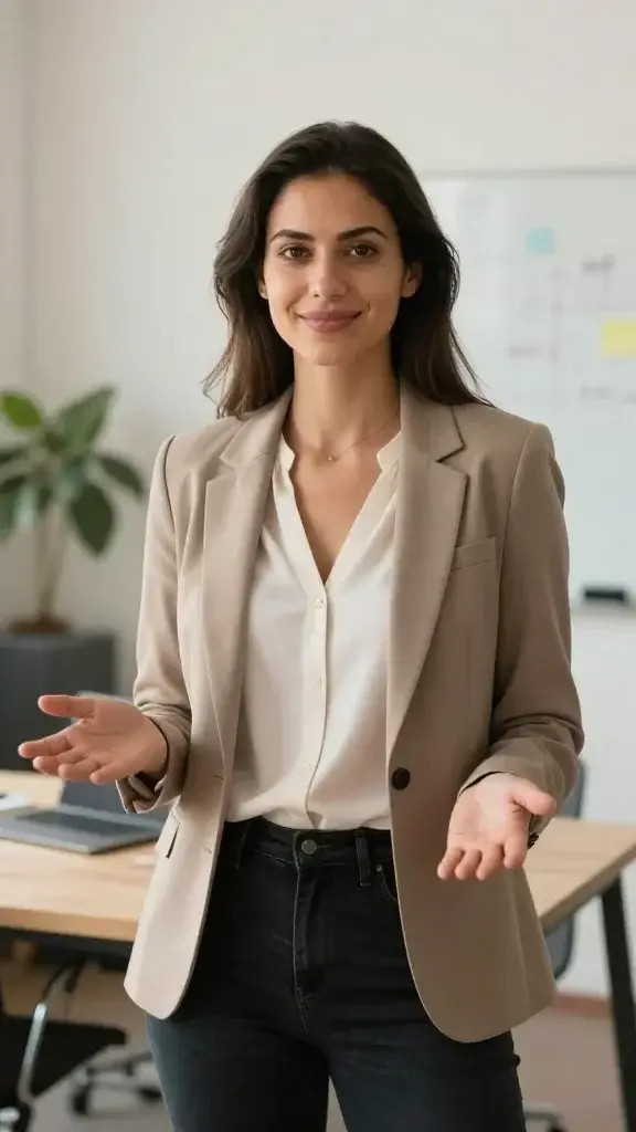 A high-resolution, realistic portrait of a confident, approachable woman in her late 20s to early 30s, standing in a bright, minimalist coworking space with warm natural light. She has a calm, inviting smile and direct eye contact with the camera. She wears smart-casual attire: a soft ivory blouse, tailored blazer in a neutral taupe, and dark jeans or slacks. Her posture is open and relaxed, one hand resting lightly on her hip and the other slightly extended as if inviting conversation. The background features subtle, stylish elements: a clean desk with a laptop, a plant, and a whiteboard with softly blurred notes, conveying professional influence and meaningful connection without appearing perfunctory. The overall mood is authentic, presence-driven, and supportive, conveying warmth, clarity in communication, and the ease of building genuine relationships. The image should feel natural, candid, and editorial quality with shallow depth of field that keeps her in sharp focus while softly blurring the background. No text or overlays.