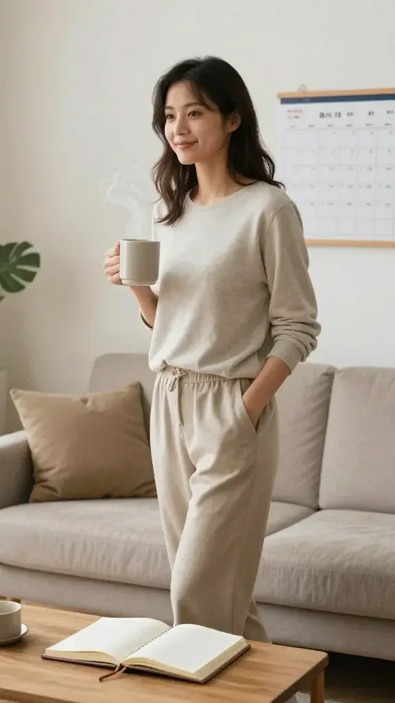 A realistic high-quality photo of a relaxed, confident woman in her late 20s or early 30s standing in a bright, cozy living room with soft natural light. She is casually dressed in comfortable, neutral-toned clothing and holds a steaming mug in one hand while a small, neatly organized planner sits open on a coffee table beside her. The scene conveys gentle momentum: a subtle sense of motion as she steps forward with a calm smile, with a wall calendar in the background showing a few checked-off days. The atmosphere is warm and inviting, emphasizing sustainable routines, small daily achievements, and a non-judgmental vibe. No text, logos, or overlays.