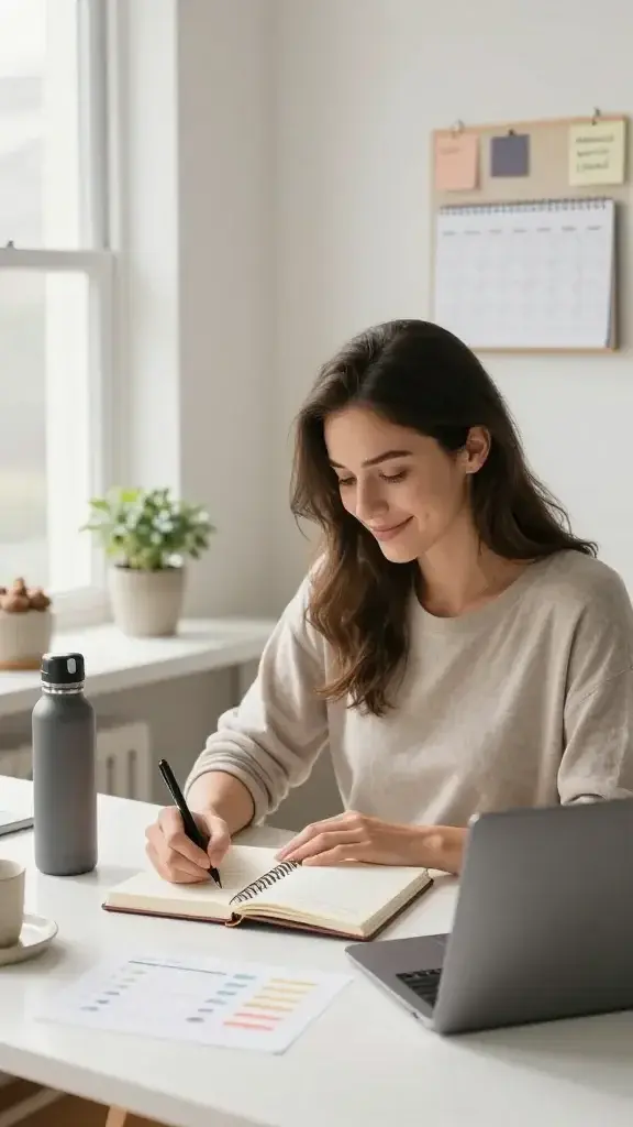 A poised, confident young woman sits at a tidy desk in a softly lit, modern home office. She’s focused, smiling slightly as she writes in a sleek notebook, with a reusable water bottle, a small plant, and a clean calendar visible in the background. Natural light floods through a window, casting gentle shadows that highlight a sense of calm productivity. The scene conveys self-commitment and practical, flexible planning: a weekly planner open to a few realistic, achievable tasks, a laptop showing a simple, reusable framework, and a mood board with color swatches and gentle reminders. The overall mood is warm, empowering, and non-judgmental, emphasizing progress over perfection. The image should feel authentic and relatable, as if capturing a real moment of dedication to personal growth.