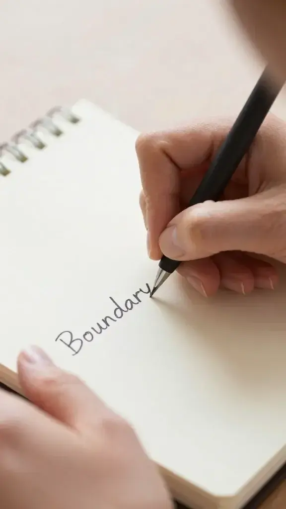 Closeup of a woman’s hands drafting a boundary text on a notepad